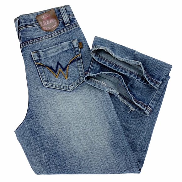 Chams Cropped Denim Jeans Medium Blue Wash Decorative Pockets - Picture 12 of 15